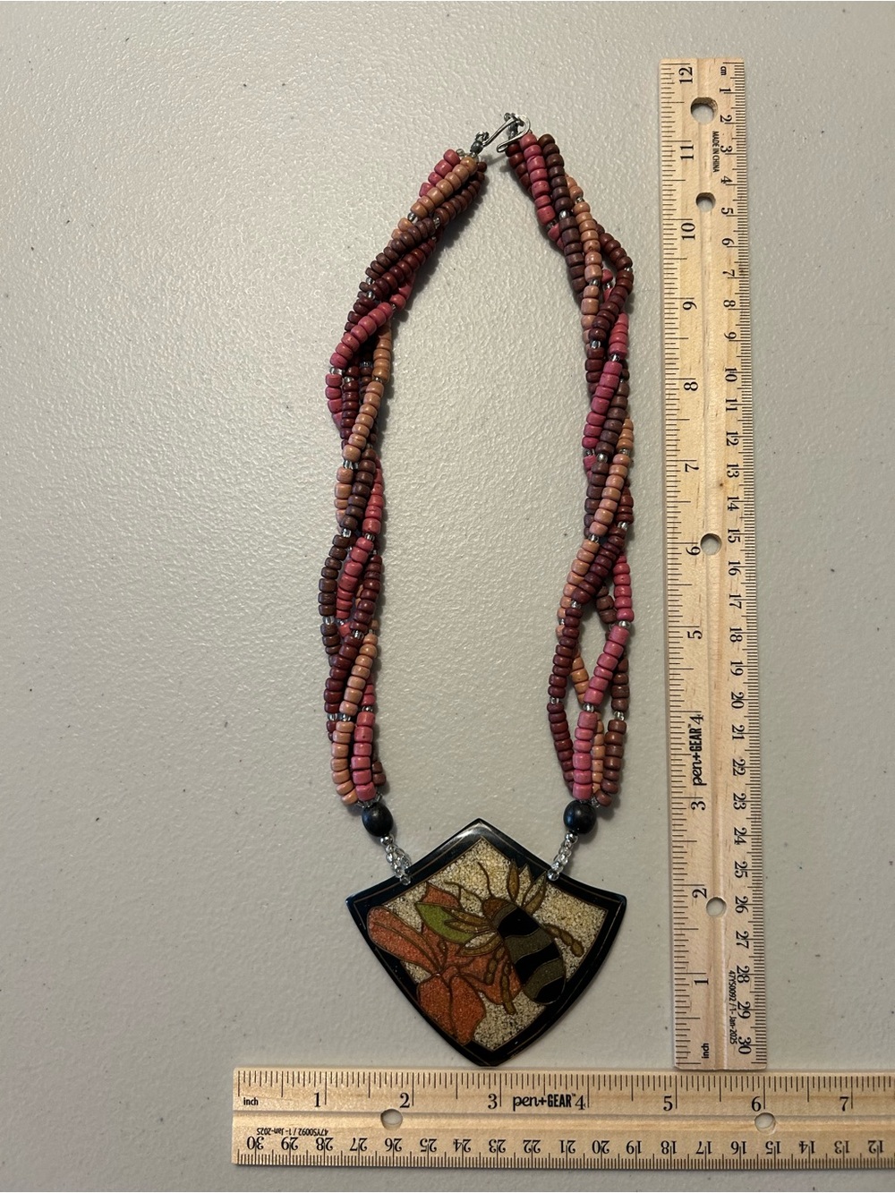 Beaded Pink and Brown Statement Necklace with Bee Pendant